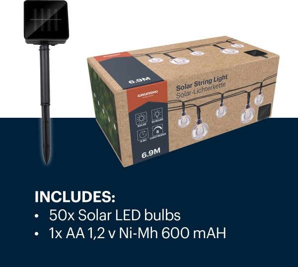 Grundig - LED Solární řetěz 50xLED/8 funkcí 6,9m teplá bílá 600 mAh