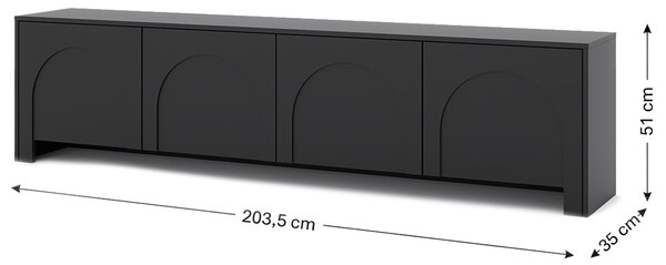 Nízky televizní stolek Vento, černý, šířka: 203,5 cm, výška: 51 cm, hloubka: 35 cm, 4 dvířka