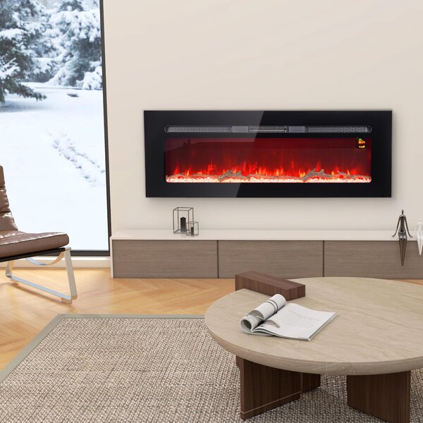 HOMCOM Elektrický krb 1800 W, nástěnný model s LED efektem plamene a krystaly ve 3 barvách
