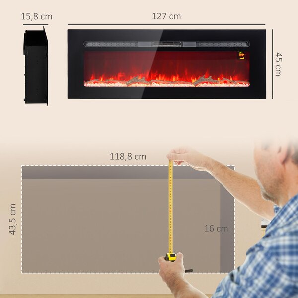 HOMCOM Elektrický krb 1800 W, nástěnný model s LED efektem plamene a krystaly ve 3 barvách