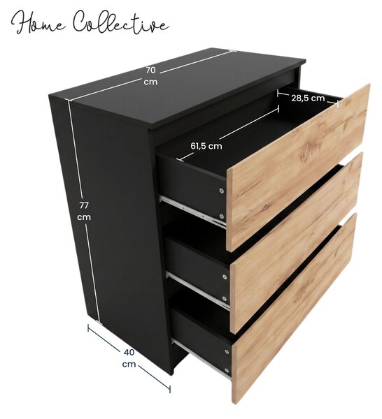 Komoda Home Collective s 3 zásuvkami | Komoda, skříňka, nábytek do ložnice nebo pokoje pro mládež | Moderní design bez úchytek | Černá barva "Craft Oak". Rozměry: 70 x 40 x 77 cm