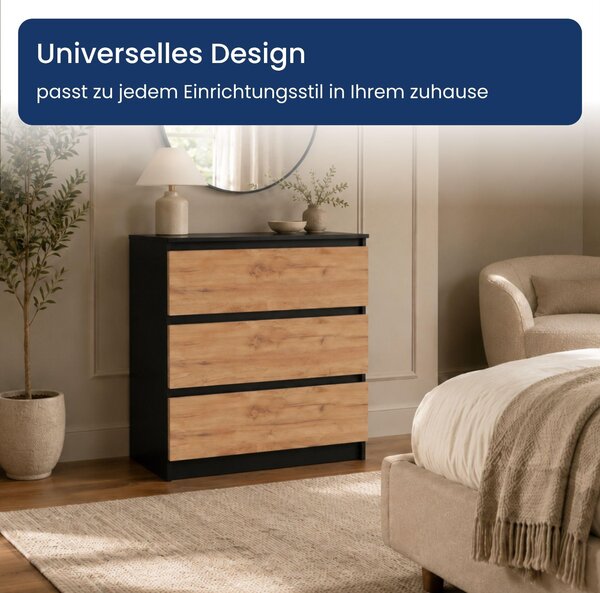 Komoda Home Collective s 3 zásuvkami | Komoda, skříňka, nábytek do ložnice nebo pokoje pro mládež | Moderní design bez úchytek | Černá barva "Craft Oak". Rozměry: 70 x 40 x 77 cm