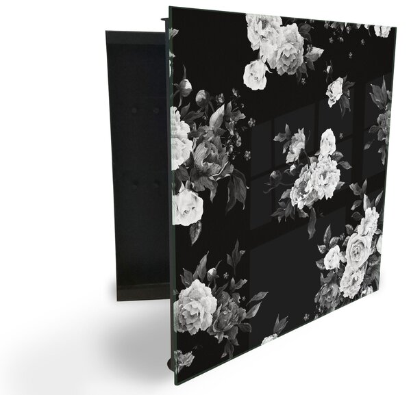 Glasdekor skříňka na klíče - abstraktní bílé květy na černém - Pravé / Černá