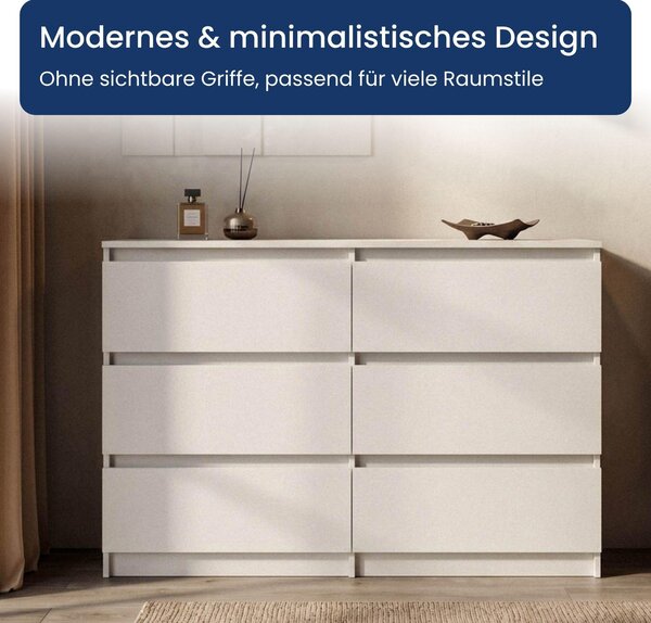 Komoda, skříňka, konferenční stolek | 6 zásuvek, rozměry 120x40x77 cm | Moderní design bez úchytek | Nábytek do ložnice, dětského pokoje, chodby | Bílá barva