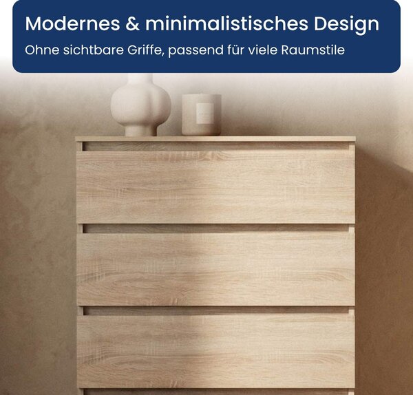 Komoda Home Collective s 4 zásuvkami | Komoda, skříňka, nábytek do ložnice, dětského pokoje, chodby | Moderní design bez úchytek | Barva: Sonoma (dub). Rozměry: 70x40x100 cm