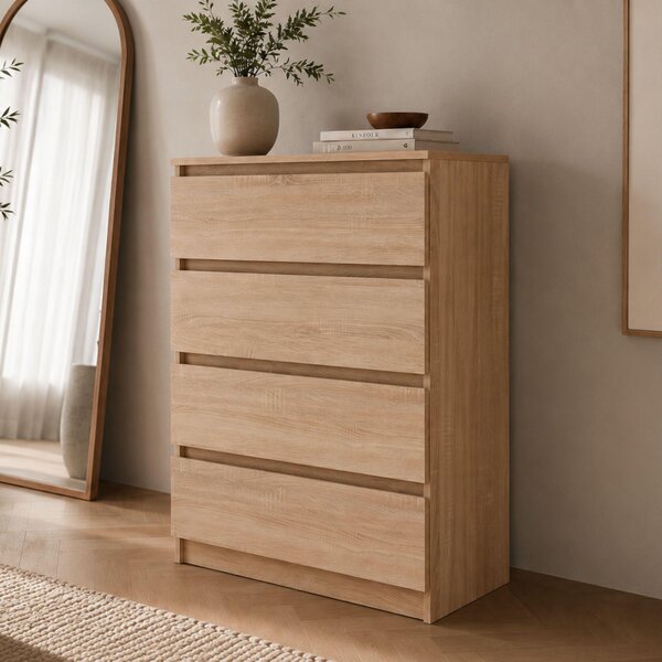 Komoda Home Collective s 4 zásuvkami | Komoda, skříňka, nábytek do ložnice, dětského pokoje, chodby | Moderní design bez úchytek | Barva: Sonoma (dub). Rozměry: 70x40x100 cm