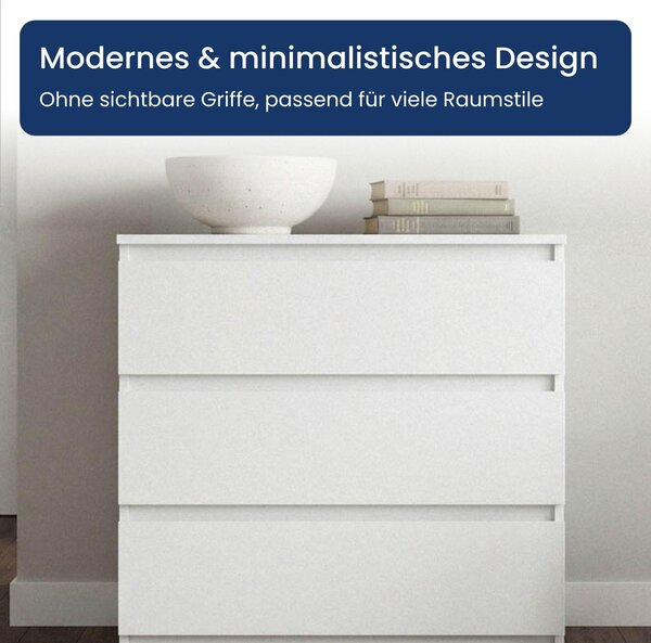 Komoda Home Collective s 3 zásuvkami | Komoda, skříňka, nábytek do ložnice, dětského pokoje, chodby | Moderní design bez úchytek | Bílá, rozměry 70x40x77 cm