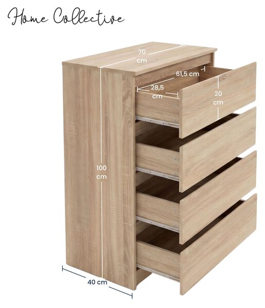 Komoda Home Collective s 4 zásuvkami | Komoda, skříňka, nábytek do ložnice, dětského pokoje, chodby | Moderní design bez úchytek | Barva: Sonoma (dub). Rozměry: 70x40x100 cm