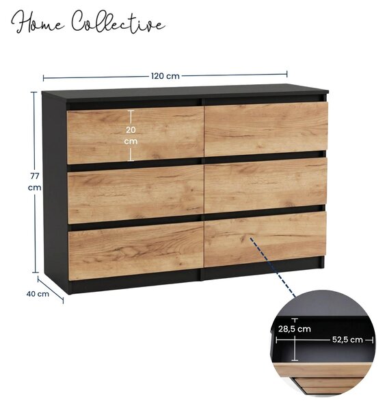 Komoda, komoda s šuplíky, příborník | 6 zásuvek, rozměry 120x40x77 cm | Moderní design bez úchytek | Nábytek do ložnice, dětského pokoje, chodby | Barva: černá, Imitace dřeva Craft Oak