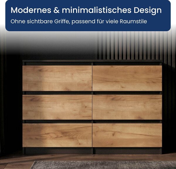 Komoda, komoda s šuplíky, příborník | 6 zásuvek, rozměry 120x40x77 cm | Moderní design bez úchytek | Nábytek do ložnice, dětského pokoje, chodby | Barva: černá, Imitace dřeva Craft Oak