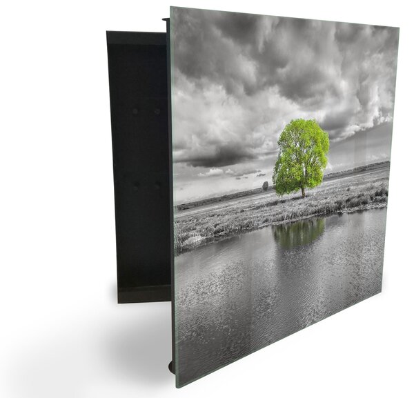 Glasdekor skříňka na klíče - šedá krajina a detail zelený strom - Pravé / Bílá