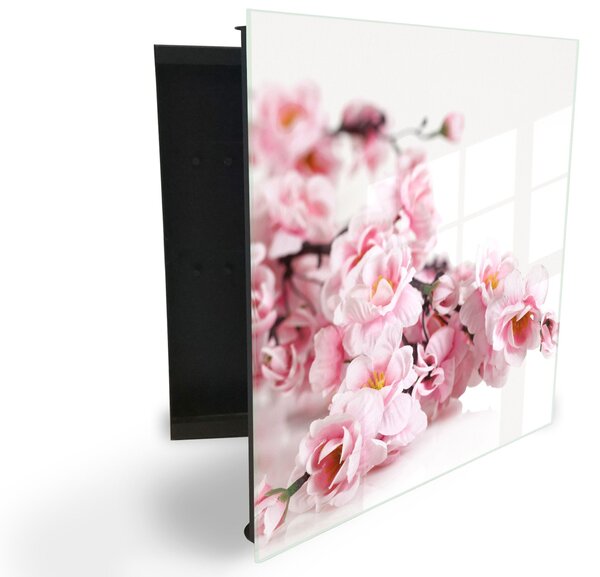 Glasdekor skříňka na klíče - růžové květy třešně - Levé / Černá