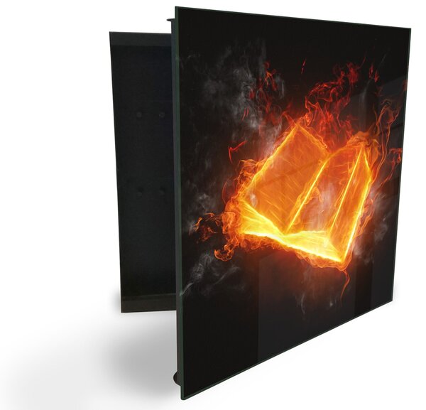 Glasdekor skříňka na klíče - kniha hoří na černém pozadí - Levé / Černá