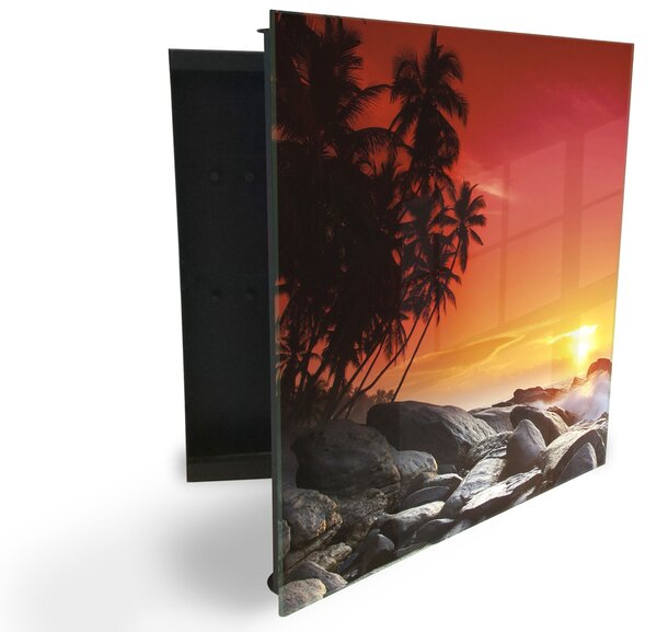 Glasdekor skříňka na klíče - palmy, moře a tropický západ slunce - Levé / Bílá