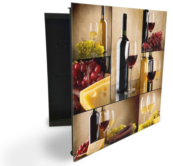 Glasdekor skříňka na klíče - láhev, sklenice a hrozny vína - Pravé / Bílá