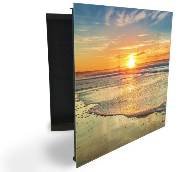 Glasdekor skříňka na klíče - detail západ slunce na pláži a moře - Levé / Černá