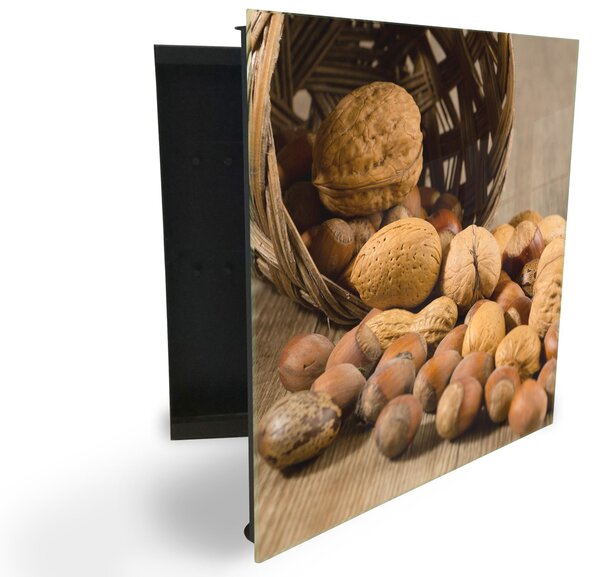 Glasdekor skříňka na klíče - ořechy, košík na dřevěném stole - Levé / Černá