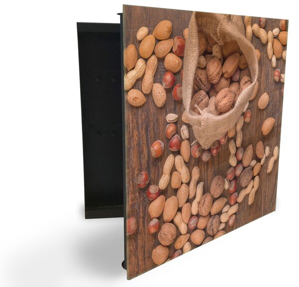 Glasdekor skříňka na klíče - rozsypané ořechy a pytlík na dřevě - Levé / Bílá