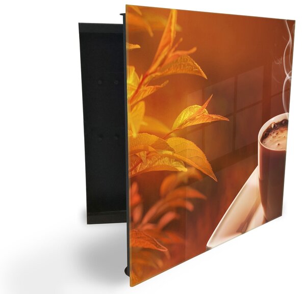 Glasdekor skříňka na klíče - podzimní ranní káva - Levé / Bílá