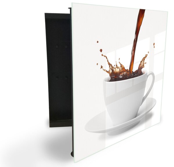 Glasdekor skříňka na klíče - šplouchnutí kávy v bílý šálek - Levé / Bílá