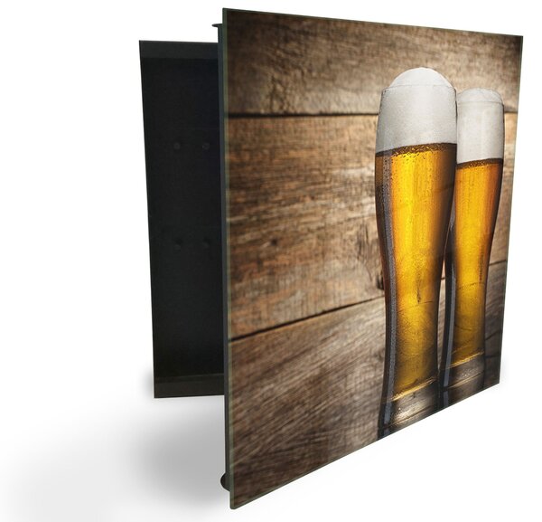 Glasdekor skříňka na klíče - dvě čepované piva pozadí dřevo - Levé / Bílá