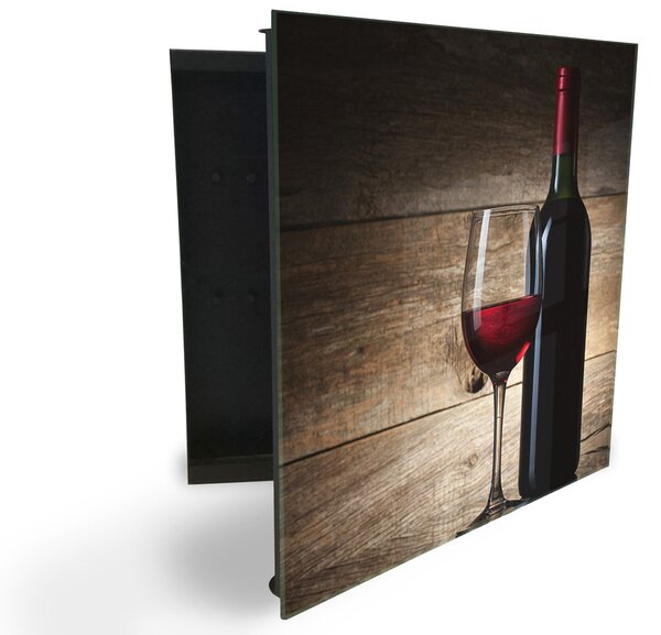 Glasdekor skříňka na klíče - sklenice a láhev červené víno u dřeva - Pravé / Černá