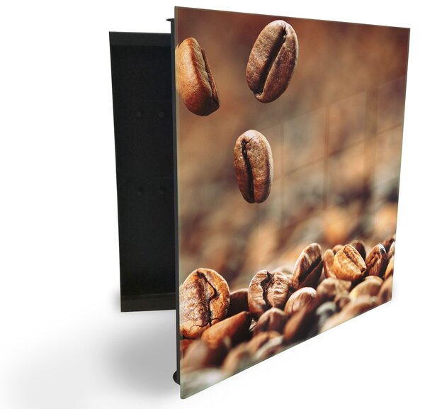 Glasdekor skříňka na klíče - padající zrna kávy na hnědém podkladu - Levé / Černá