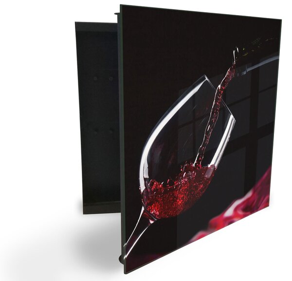 Glasdekor skříňka na klíče - sklenice červeného vína na tmavém pozadí - Levé / Černá