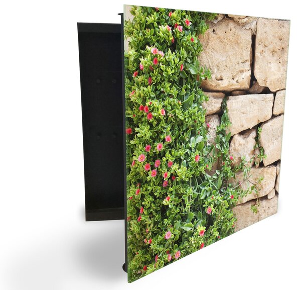 Glasdekor skříňka na klíče - popínavé listí a květy na zdi - Levé / Černá