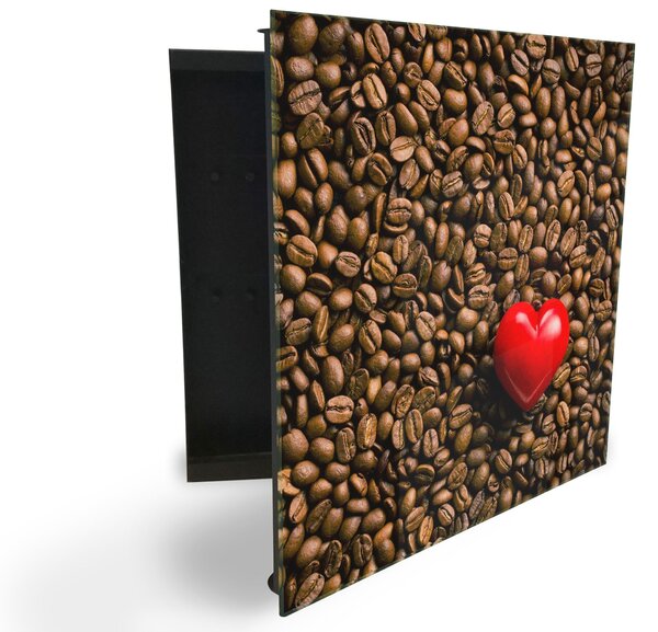 Glasdekor skříňka na klíče - zrna kávy a červené srdce - Pravé / Bílá