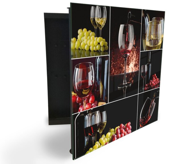 Glasdekor skříňka na klíče - láhev a sklenice červené a bílé víno - Levé / Bílá
