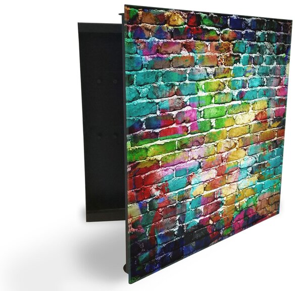 Glasdekor skříňka na klíče - cihlová zeď mnoha barev - Levé / Bílá