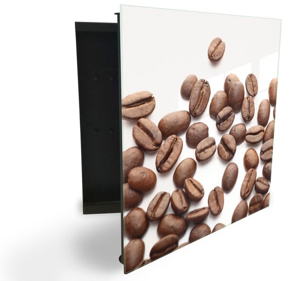 Glasdekor skříňka na klíče - rozsypaná zrna kávy na bílém pozadí - Levé / Černá