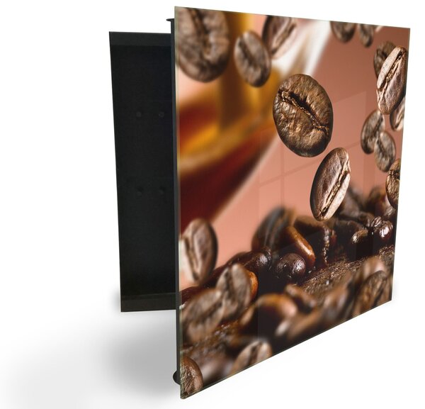 Glasdekor skříňka na klíče - padající zrna kávy - Levé / Černá
