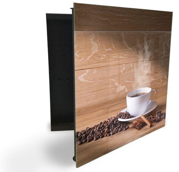Glasdekor skříňka na klíče - bílý hrnek, káva a koření na dřevě - Pravé / Černá