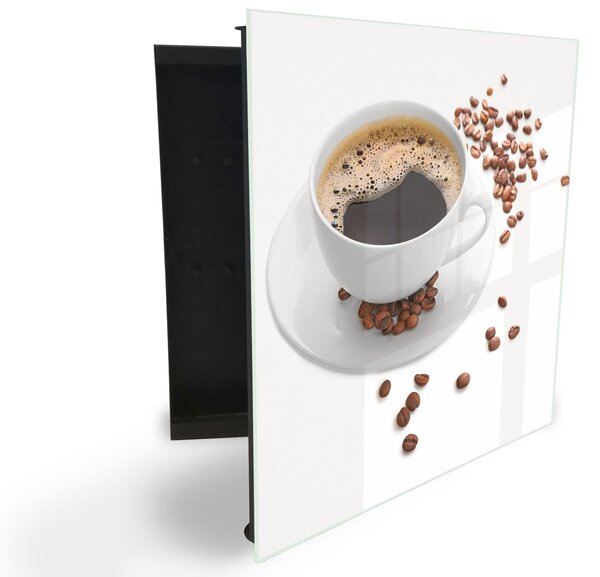 Glasdekor skříňka na klíče - bílý šálek s kávou na bílém pozadí - Levé / Černá