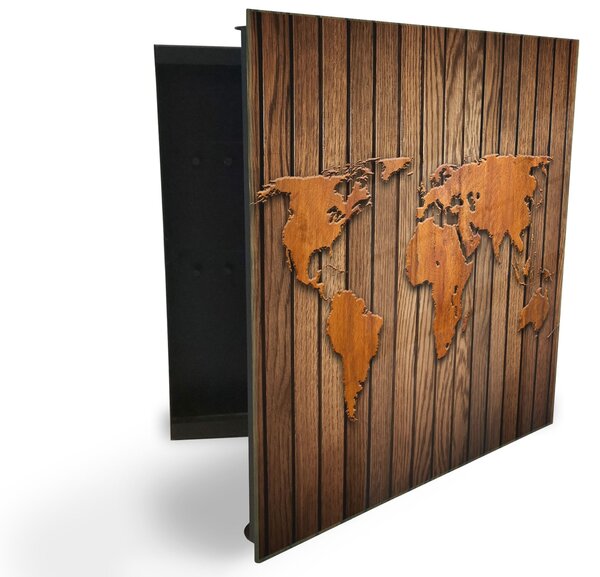 Glasdekor skříňka na klíče - dřevěná mapa světa - Levé / Bílá