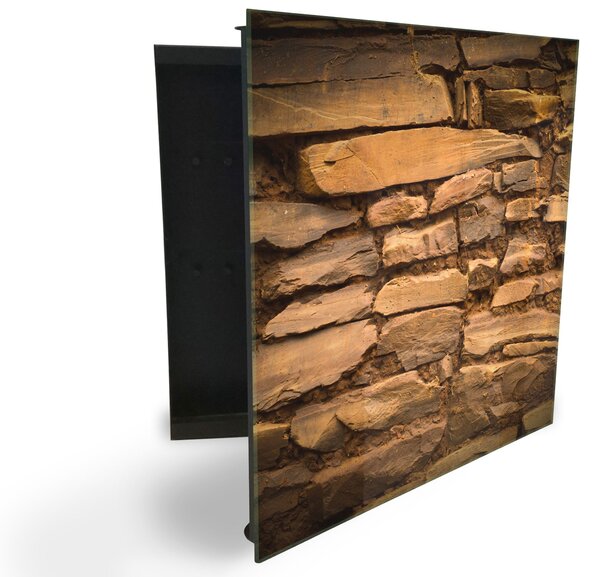 Glasdekor skříňka na klíče - hnědá zeď ze štípaného kamene - Levé / Černá