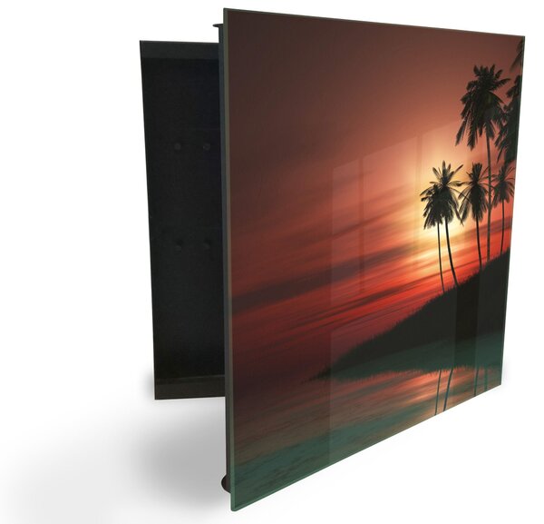 Glasdekor skříňka na klíče - palmový ostrov v západu slunce - Levé / Černá