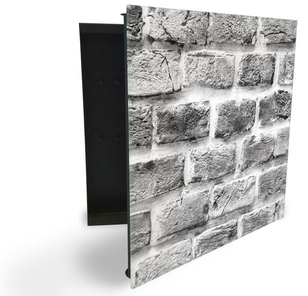 Glasdekor skříňka na klíče - stará černobílá cihlová zeď - Pravé / Bílá