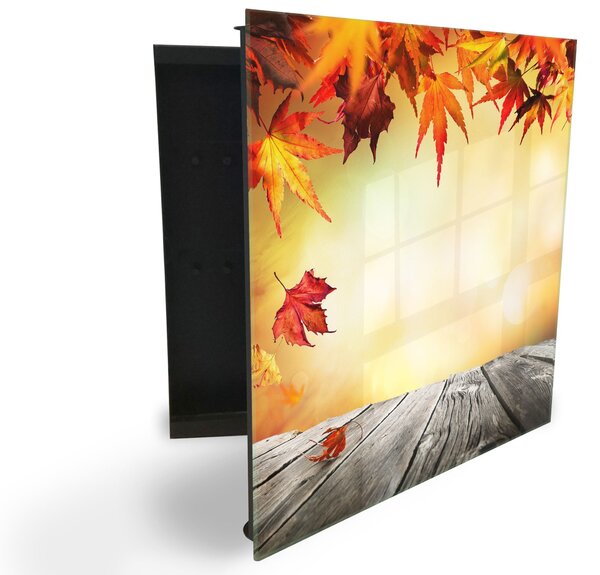 Glasdekor skříňka na klíče - podzimní pozadí a dřevěná prkna - Pravé / Černá