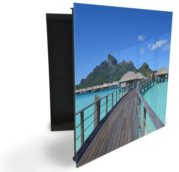 Glasdekor skříňka na klíče - chatky nad mořem Bora Bora - Pravé / Bílá