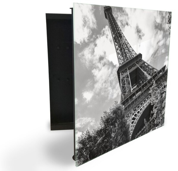 Glasdekor skříňka na klíče - detail Eiffelova věž Paříž - Levé / Bílá