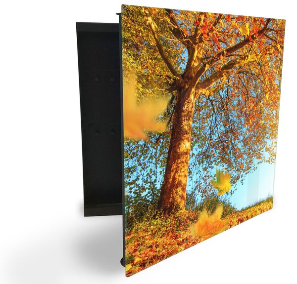 Glasdekor skříňka na klíče - podzimní strom a listí - Levé / Černá