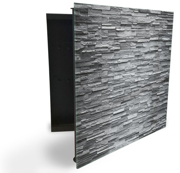 Glasdekor skříňka na klíče - zeď štípaný šedý kámen - Levé / Černá