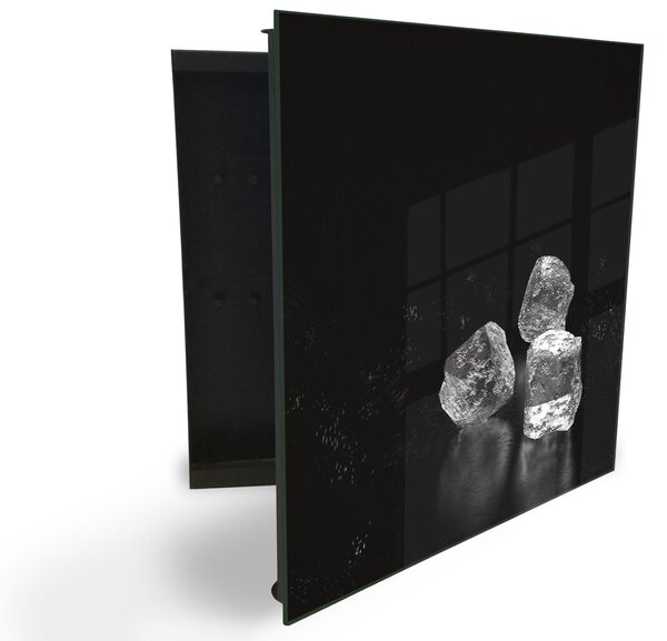 Glasdekor skříňka na klíče - tři ledové kostky na černém podkladu - Levé / Bílá