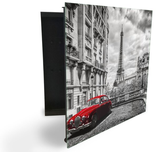 Glasdekor skříňka na klíče - červené auto a Eiffelová věž v Paříž - Pravé / Bílá