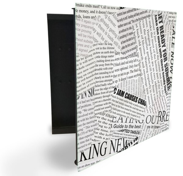 Glasdekor skříňka na klíče - design novinový papír - Levé / Černá