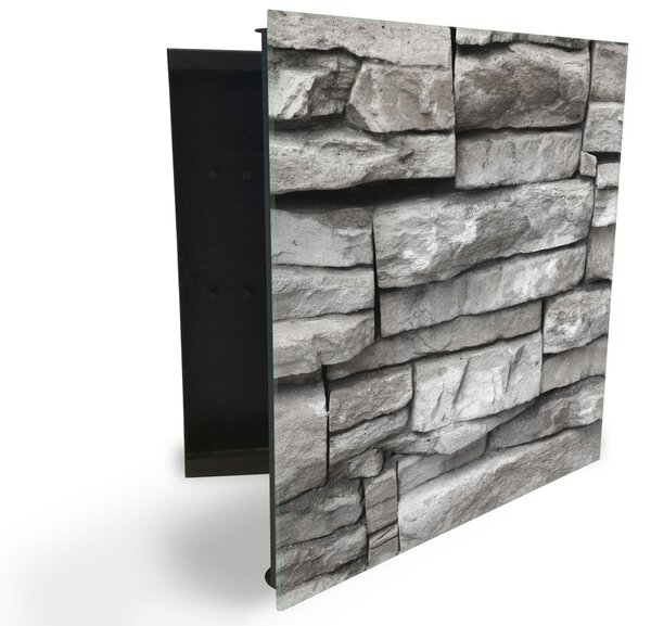 Glasdekor skříňka na klíče - šedá zeď z kamene - Levé / Černá