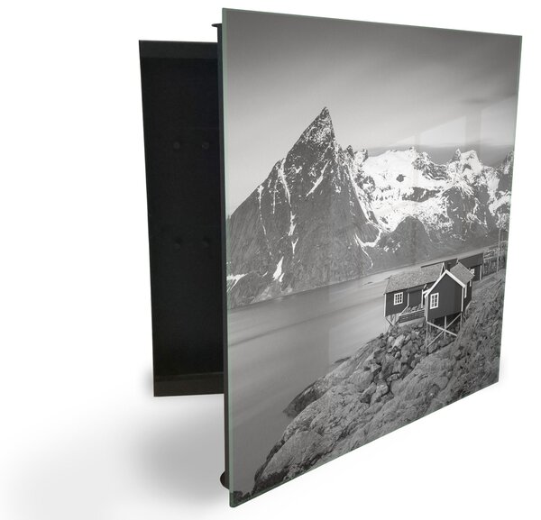 Glasdekor skříňka na klíče -černo bílé hory, jezero, chata - Levé / Černá